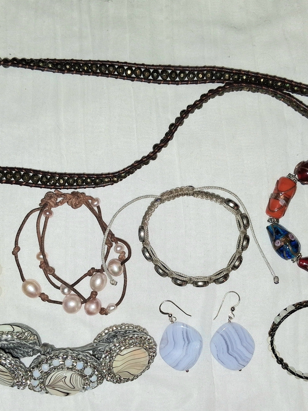 Jewelry Lot Agate Pearl Blown Glass Earrings Bracelets